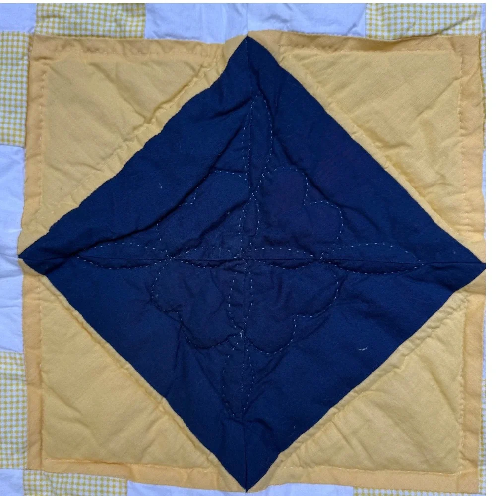 9.a.8 Vtg Handmade Hand Quilted Wall Quilt Blue Yellow Gingham Motifs 34x33.5